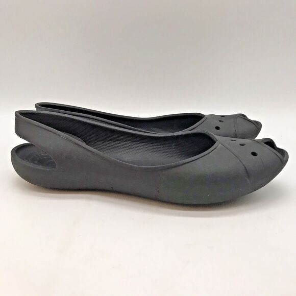 Crocs Farrah Peep Toe Slingback Ballet Flat Women's 8 Black Slip On Comfort Shoe - Picture 3 of 10